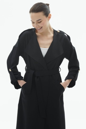 Geniş Yaka Apoletli Uzun Ceket