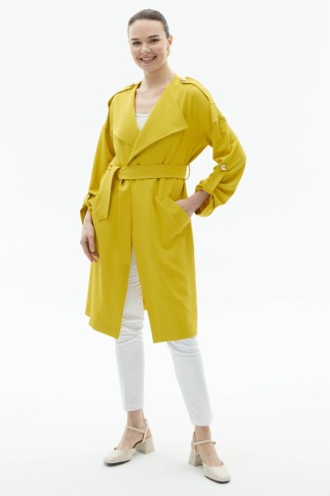 Geniş Yaka Apoletli Uzun Ceket