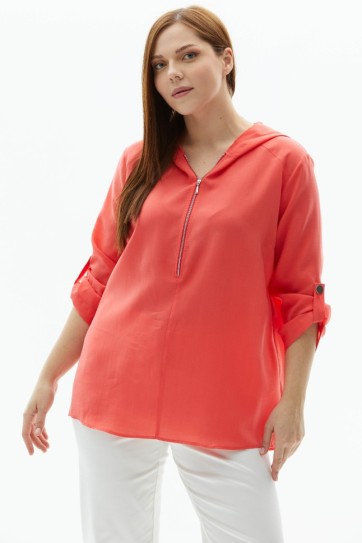 Büyük Beden Önü Yarım Fermuarlı Kapüşonlu Bluz