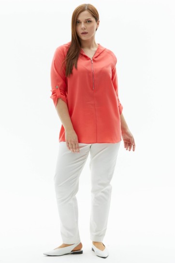 Büyük Beden Önü Yarım Fermuarlı Kapüşonlu Bluz