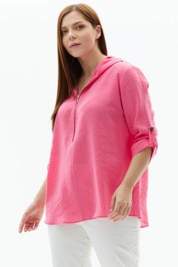 Büyük Beden Önü Yarım Fermuarlı Kapüşonlu Bluz