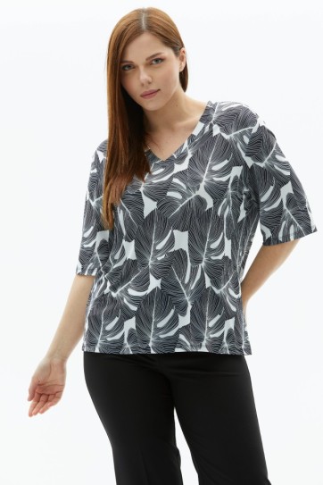 Büyük Beden V Yaka Palmiye Desen Penye Bluz