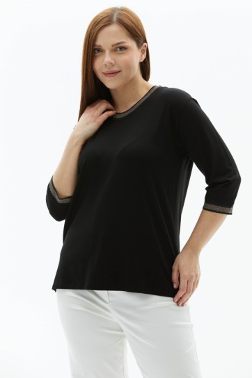 Büyük Beden Sıfır Yaka Renkli Ribanalı Penye Bluz