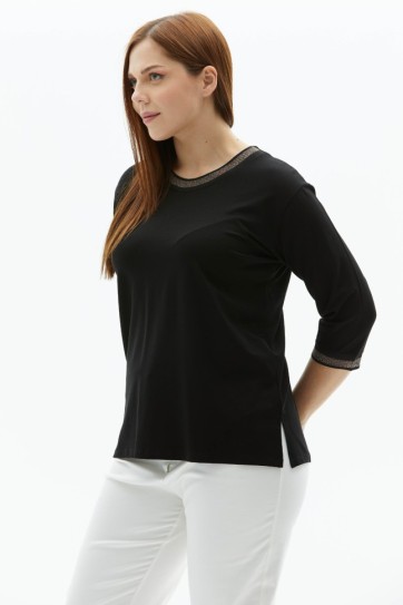 Büyük Beden Sıfır Yaka Renkli Ribanalı Penye Bluz