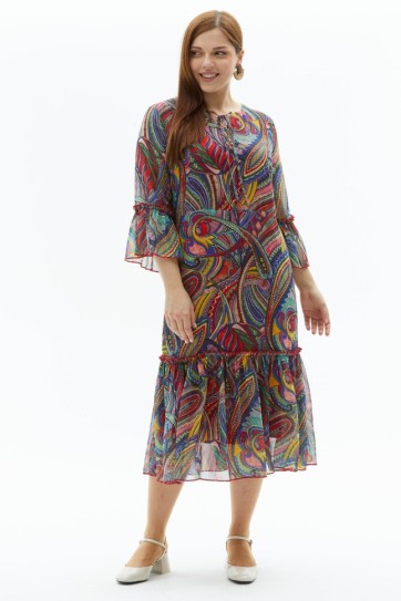 Büyük Beden Yakası Bağlamalı Emprime Elbise