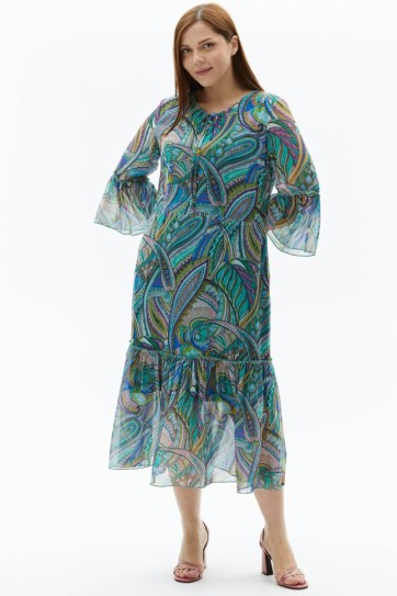 Büyük Beden Yakası Bağlamalı Emprime Elbise