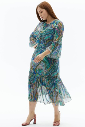 Büyük Beden Yakası Bağlamalı Emprime Elbise