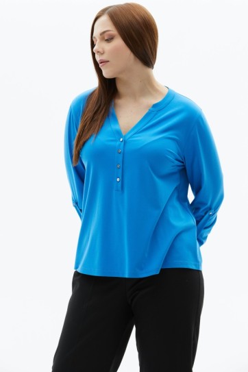 Büyük Beden V Yaka Önü Düğmeli Penye Bluz