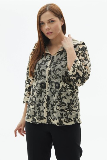 Büyük Beden Kendinden Jakarlı Kapüşonlu Hırka