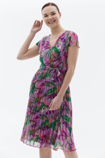 Eteği Pliseli Palmiye Desen Elbise