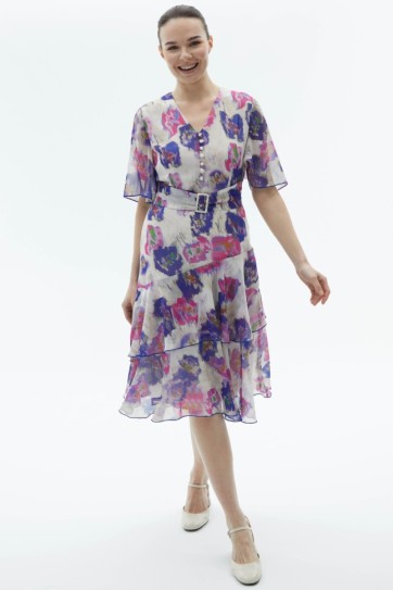 Önü Düğmeli Eteği Volanlı Sulu Boya Desen Elbise