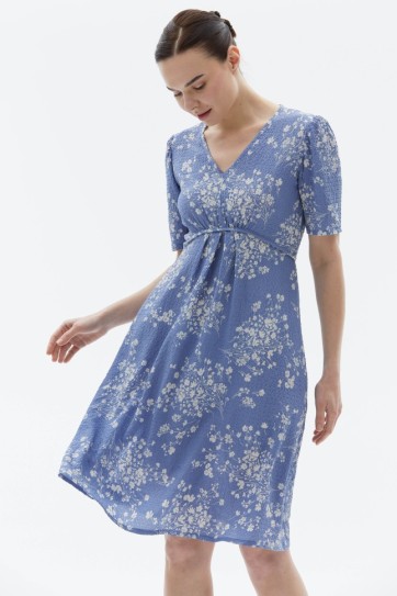 V Yaka Göğüs Altı Büzgülü Çiçek Desen Elbise