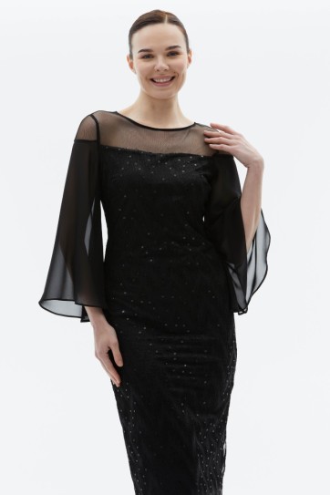 Kolu Şifon Dökümlü Üstü Tül Payetli Elbise