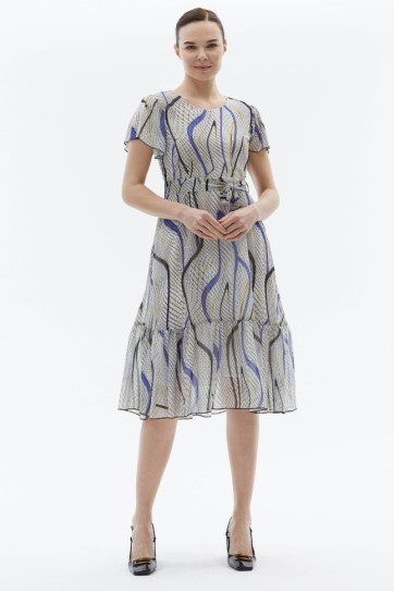 Kolu ve Etek Ucu Volanlı Piton Desen Elbise