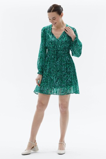 V Yaka Kolu Lastikli Belden Bağlama Emprime Elbise