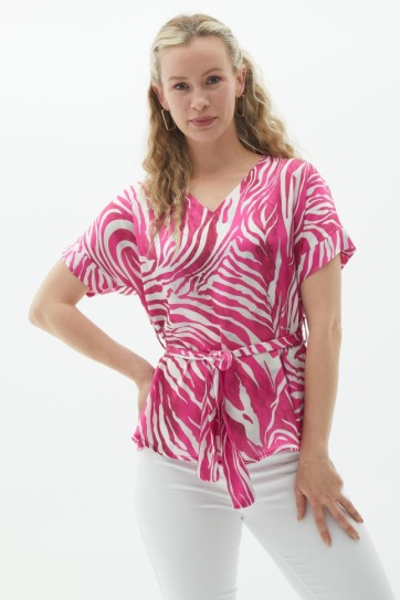 V Yaka Düşük Kol Zebra Desen Bluz