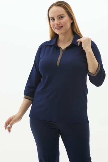 Büyük Beden Gömlek Yaka Renkli Ribanalı Penye Bluz