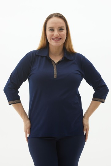 Büyük Beden Gömlek Yaka Renkli Ribanalı Penye Bluz