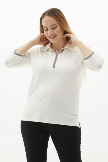 Büyük Beden Gömlek Yaka Renkli Ribanalı Penye Bluz