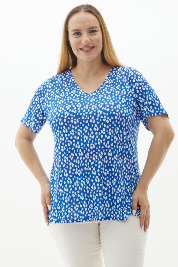 Büyük Beden V Yaka Puantiye Desen Penye Bluz