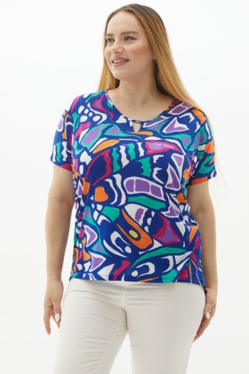 Büyük Beden Önü Damlalı Soyut Desen Penye Bluz