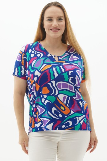 Büyük Beden Önü Damlalı Soyut Desen Penye Bluz