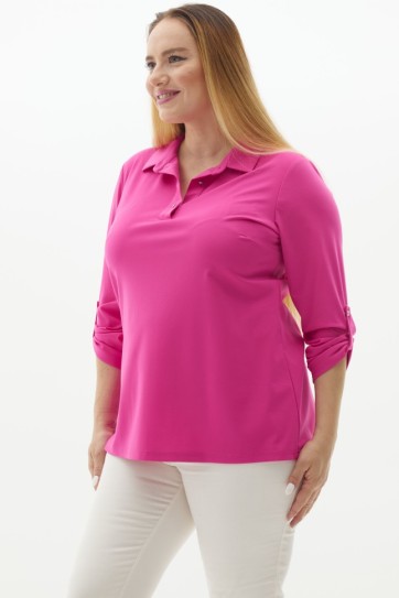 Büyük Beden Önü Düğmeli Şömiziye Yaka Penye Bluz