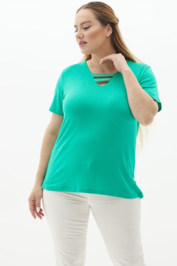 Büyük Beden V Yaka Bantları Taşlı Penye Bluz