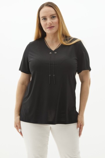 Büyük Beden Yakası Zincir Aksesuar Parlak Penye Bluz