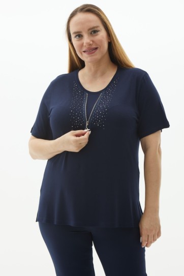 Büyük Beden Önü Fermuar Aksesuarlı Taşlı Penye Bluz