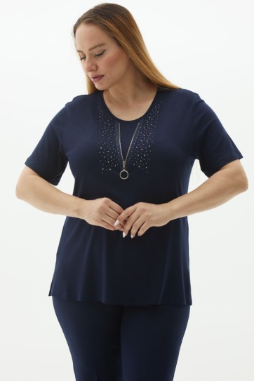 Büyük Beden Önü Fermuar Aksesuarlı Taşlı Penye Bluz