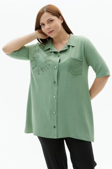 Büyük Beden Yanı File Kombinli Çıtçıtlı Bluz