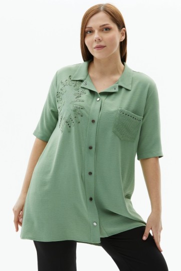 Büyük Beden Yanı File Kombinli Çıtçıtlı Bluz