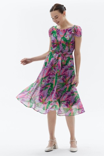 Kolu Büzgülü Eteği Volanlı Palmiye Desen Elbise