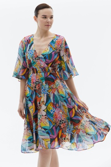 Kruvaze Yaka Kolu Dökümlü Çok Renkli Elbise