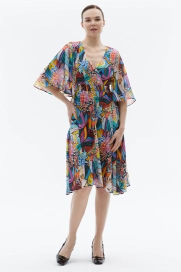 Kruvaze Yaka Kolu Dökümlü Çok Renkli Elbise