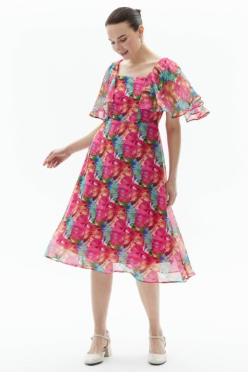 Kolları Volanlı Beli Kemerli Palmiye Desen Elbise