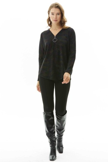 Yakası Fermuarlı Renkli Çizgili Triko Bluz