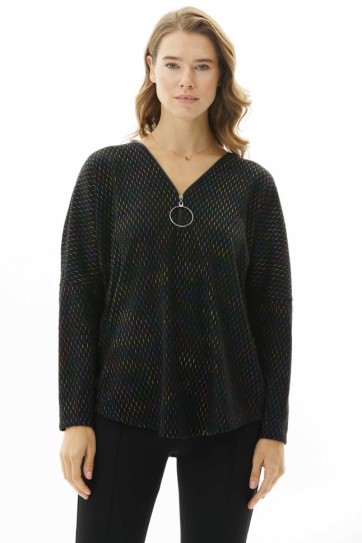 Yakası Fermuarlı Renkli Çizgili Triko Bluz