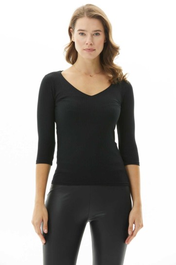 V Yaka Truvakar Kol Çizgili Penye Bluz