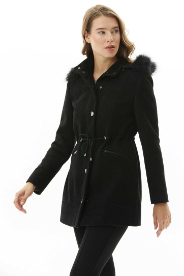 Önü Fermuarlı Beli Büzgülü Kapüşonlu Kaban