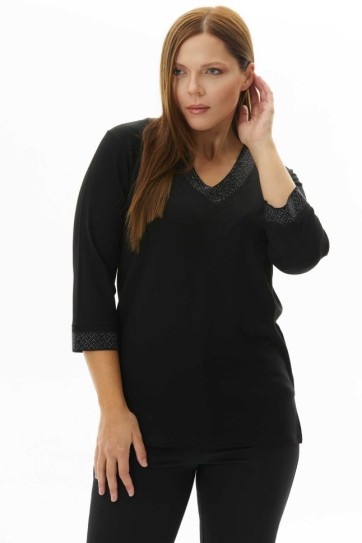 Büyük Beden V Yaka Kol Ucu ve Yakası Taşlı Bluz