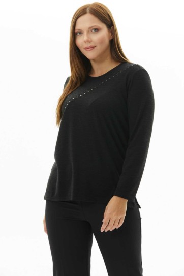 Büyük Beden Önü Troklu Leopar Kombinli Triko Bluz