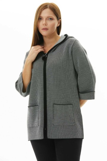 Büyük Beden Kapüşonlu Küçük Desen Triko Hırka