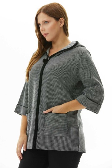 Büyük Beden Kapüşonlu Küçük Desen Triko Hırka