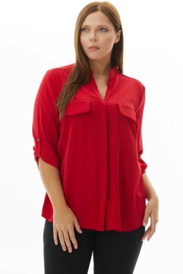 Büyük Beden Hakim Yaka Kapak Cep Bluz