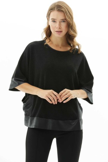 Cebi ve Kol Ucu Deri Kombinli Triko Bluz