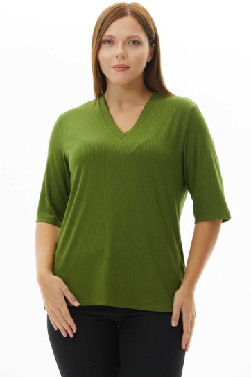 Büyük Beden V Yaka Çizgili Penye Bluz