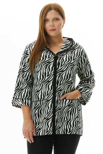 Büyük Beden Kapüşonlu Zebra Desen Triko Hırka