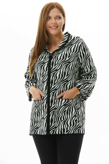 Büyük Beden Kapüşonlu Zebra Desen Triko Hırka
